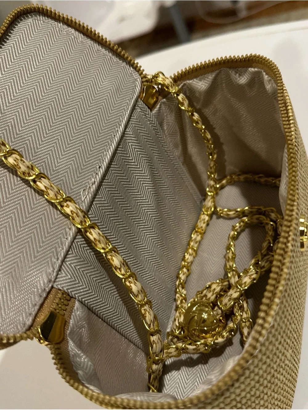 Woven Beige Crossbody Vanity Bag with Gold Handle